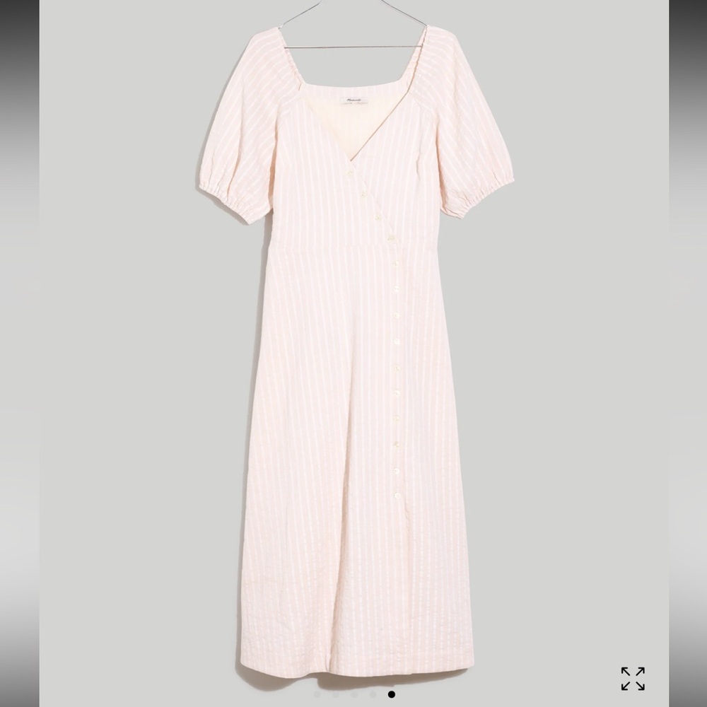 [madewell] puff-sleeve button-wrap stripe midi dress